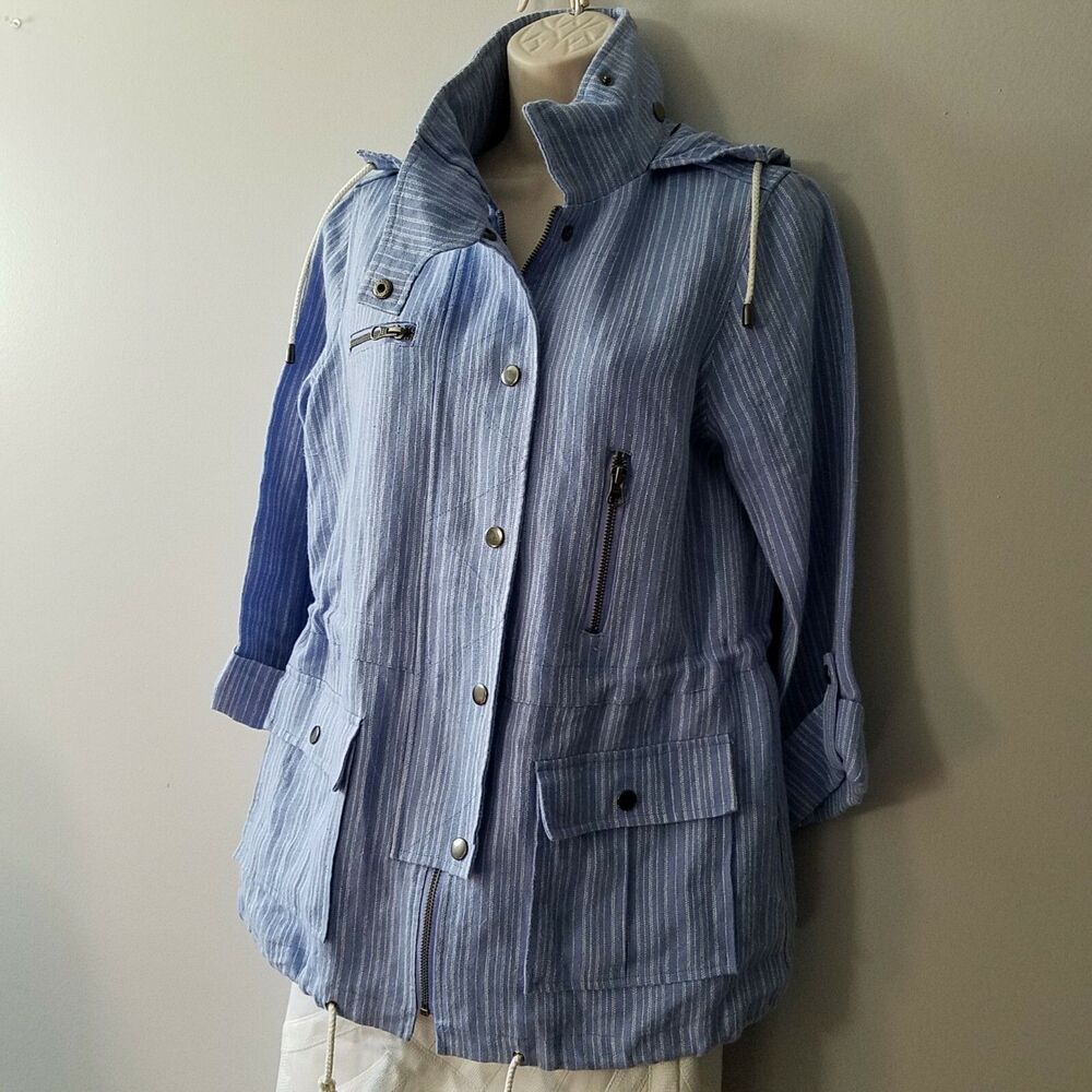 Joie women Anorak jacket Barker Linen Striped Hooded blue white fabric sz S New - Picture 3 of 9